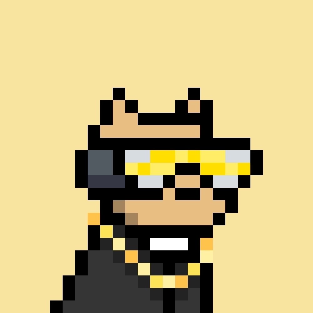 Official FifiMetaX cream-background pixel dog with gold glasses and a black jacket