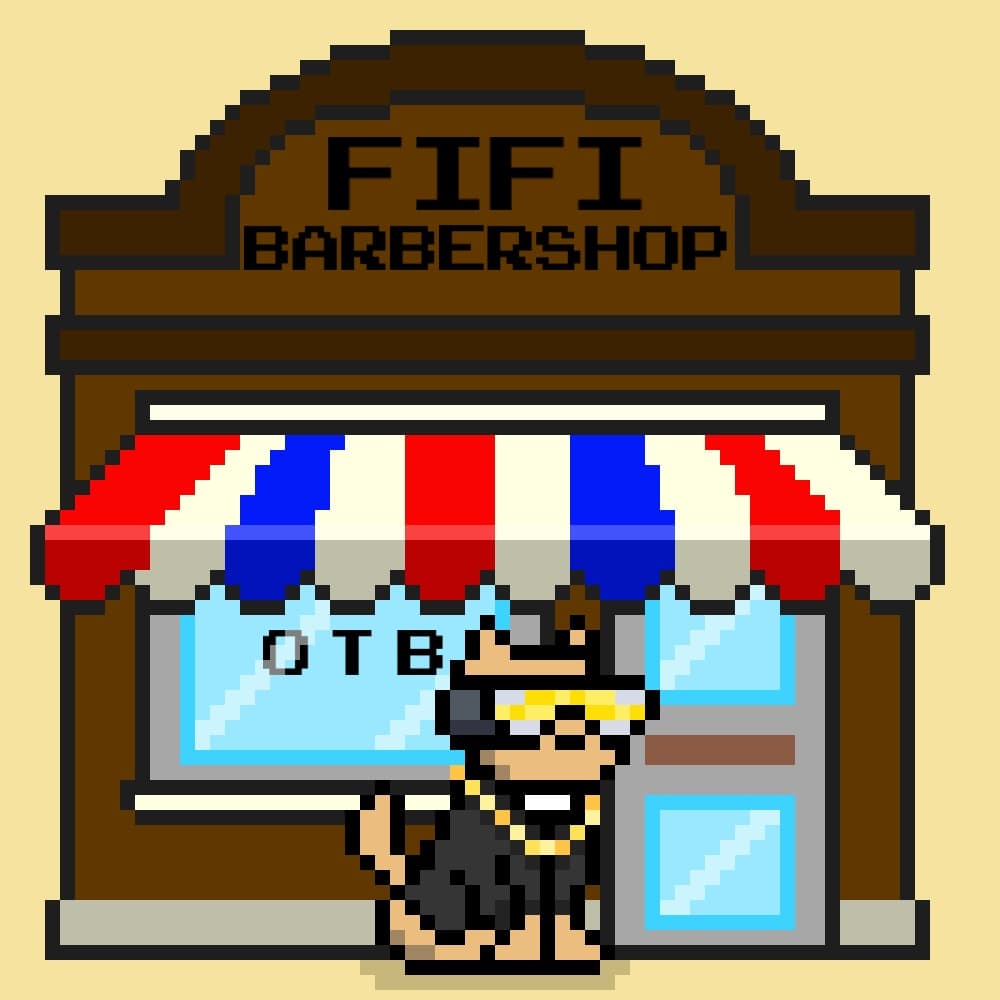Pixel-art FIFI Barbershop storefront with a gold-glasses dog at the door